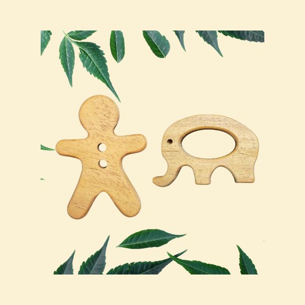 Neem Wood Teether Combo- Gingerbread Man & Elephant
