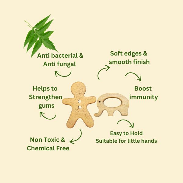Neem Wood Teether Combo- Gingerbread Man & Elephant